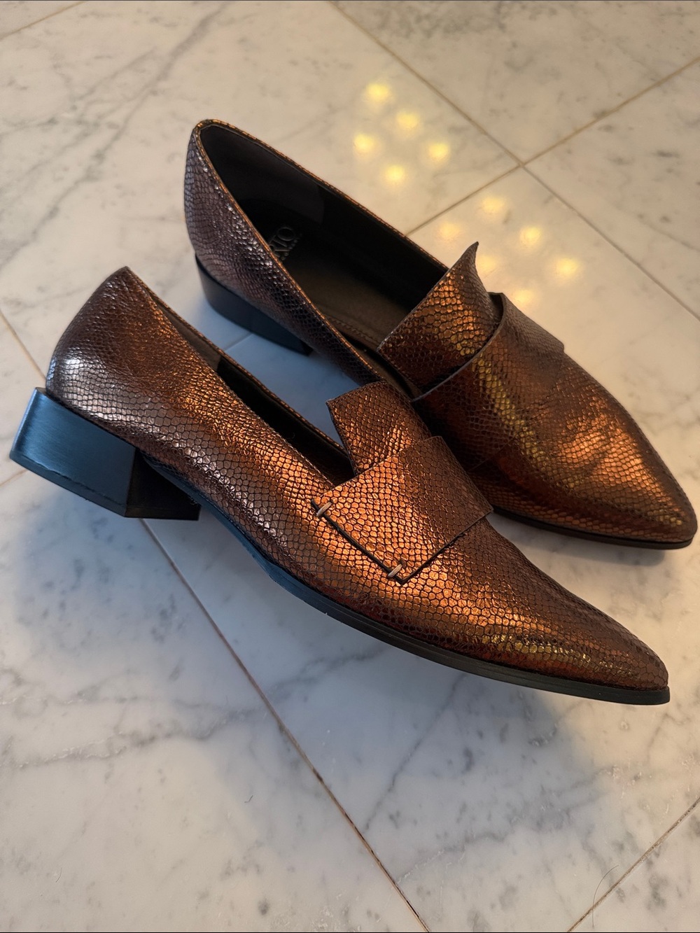 Franco Sarto Metallic Copper Snake Skin Pointed Loafers